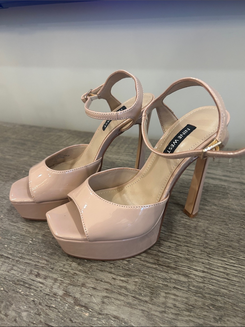 Nine West Nude Patent Platform Ankle-Strap Heels